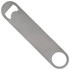 A drink bottle opener in silver stainless steel with a circular end and a bottle cap opening feature.