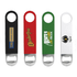 A drink bottle opener set featuring black, red, green, and white designs with metal opening ends and various logos.