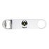 A drink bottle opener in white with a metal opener and a logo featuring a bird emblem.