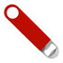 A drink bottle opener with a red handle and stainless steel end, featuring a logo.