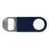 A drink bottle opener featuring a navy blue vinyl handle with a stainless steel opener and a circular ring.