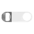 A drink bottle opener featuring a silver metal opener and white vinyl handle, with a logo on the handle.