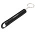 A black bottle opener keychain with a cylindrical shape and a loop for easy attachment. It features a logo.