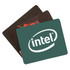 Three fabric mouse mats in various designs and colours, featuring a logo on one of them.