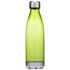 A drink bottle in a vibrant green colour with a silver cap and base, featuring a logo.