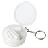 A white reusable silicone straw inside a clear container with a keychain attachment.
