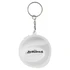 A keychain featuring a round white design with a logo and branding.