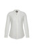 A white women's long sleeve blouse with a button-up front and a collar, featuring a brand logo.