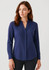 A navy long sleeve blouse with a v-neck and button-up design, featuring a sleek, fitted silhouette.