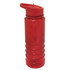 A drink bottle in bright red, featuring a flip-top lid and a ribbed design. It has a logo on the side.