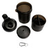 A drink bottle set featuring a black 400ml shaker cup with a removable lid and separate compartments. Includes a carabiner.