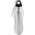 A drink bottle featuring a sleek silver design with a black top and a carabiner clip attached.