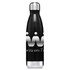 A drink bottle in black stainless steel with a metallic silver cap and a logo on the side.