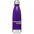 A drink bottle in purple with a metallic silver lid, featuring a logo on its side.