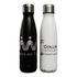 A drink bottle set featuring a black and a white stainless steel water bottle, each with a logo.