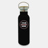 A drink bottle in matte black with a stainless steel lid and a circular branding space.