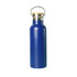 A drink bottle in a deep blue colour with a stainless steel lid and a handle. Features a logo on the body.