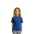 A blue kids' t-shirt with short sleeves displayed on a smiling child with curly hair. The shirt features a logo.