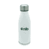 A drink bottle in white with a stainless steel cap and a logo on the front.
