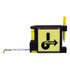 An all-in-one tape measure in black with a yellow notepad and pen holder. It features a level and a tape measure.