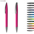 A pink plastic pen with a chrome clip, alongside a selection of various ink colours in a row.