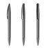 Three grey plastic pens with metallic tips and clips, featuring a sleek design and a logo on the barrel.