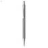 A metal pen in grey with a sleek design and a silver clip, featuring a textured grip. It has a branding logo.