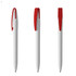 A grey plastic pen with a red cap and clip, displayed from three angles. The pen features a logo.