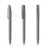 A set of grey plastic pens displayed from three different angles, featuring a clip and smooth design.