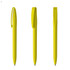 A set of three bright yellow plastic pens with clips and a sleek design, featuring a logo on each pen.
