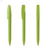 A green plastic pen with a clip, presented in three different angles. The pen features a sleek design and has a logo.