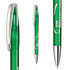 A green plastic pen with a transparent body and silver trim. The pen features a clip and branding.