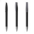 A set of three black plastic pens with silver accents and clips, featuring a sleek design.