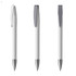 A set of three plastic pens in white with silver accents and clips, featuring a sleek design.