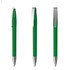 A green metal pen with a silver clip, displayed from three different angles.