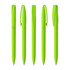 Five bright green plastic pens arranged in a row, each featuring a clip and a logo.