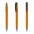A metal pen in orange with a chrome clip and tip, displayed from three different angles.