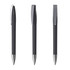 Three black plastic pens with soft grip and silver accents, featuring a clip on each pen.