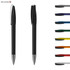 A high-gloss black metal pen with a textured grip, accompanied by a selection of coloured pen caps.