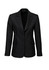 A black longline women's jacket with a blazer style, featuring two buttons and front pockets. It has a logo.