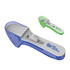 A blue and green measuring scoop with a rotary dial, featuring a logo on the handle.