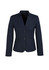 A fitted women's short jacket in navy blue with a reverse lapel and two buttons, featuring a logo.