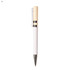 A plastic pen featuring a white barrel and a cream-coloured cap with silver accents and a clip, alongside a branding logo.