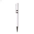 A white plastic pen with silver accents and a clip, featuring a sleek design and a logo.