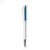 A white plastic pen with a blue top and a metal clip. It features a logo on one side.