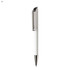 A white plastic pen featuring a clear cap and silver accents, complete with branding.