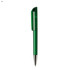 A green plastic pen with a shiny silver tip and a transparent cap. It also features a logo.