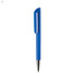 A blue plastic pen with a textured cap and a silver tip, featuring branding.