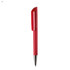 A red plastic pen with a unique cap design and a silver tip, featuring a logo on the side.