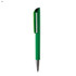 A green plastic pen featuring a sleek design and a clip. The pen has a shiny silver tip and a branding logo.
